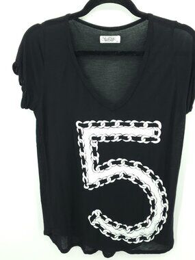 Lauren Moshi Beverly Hills Chain Graphic "5" Black V-Neck Tee Small